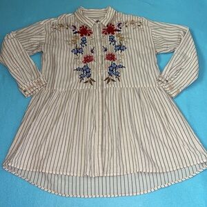 JOHNNY WAS embroidered floral striped long sleeve button up blouse tunic size M